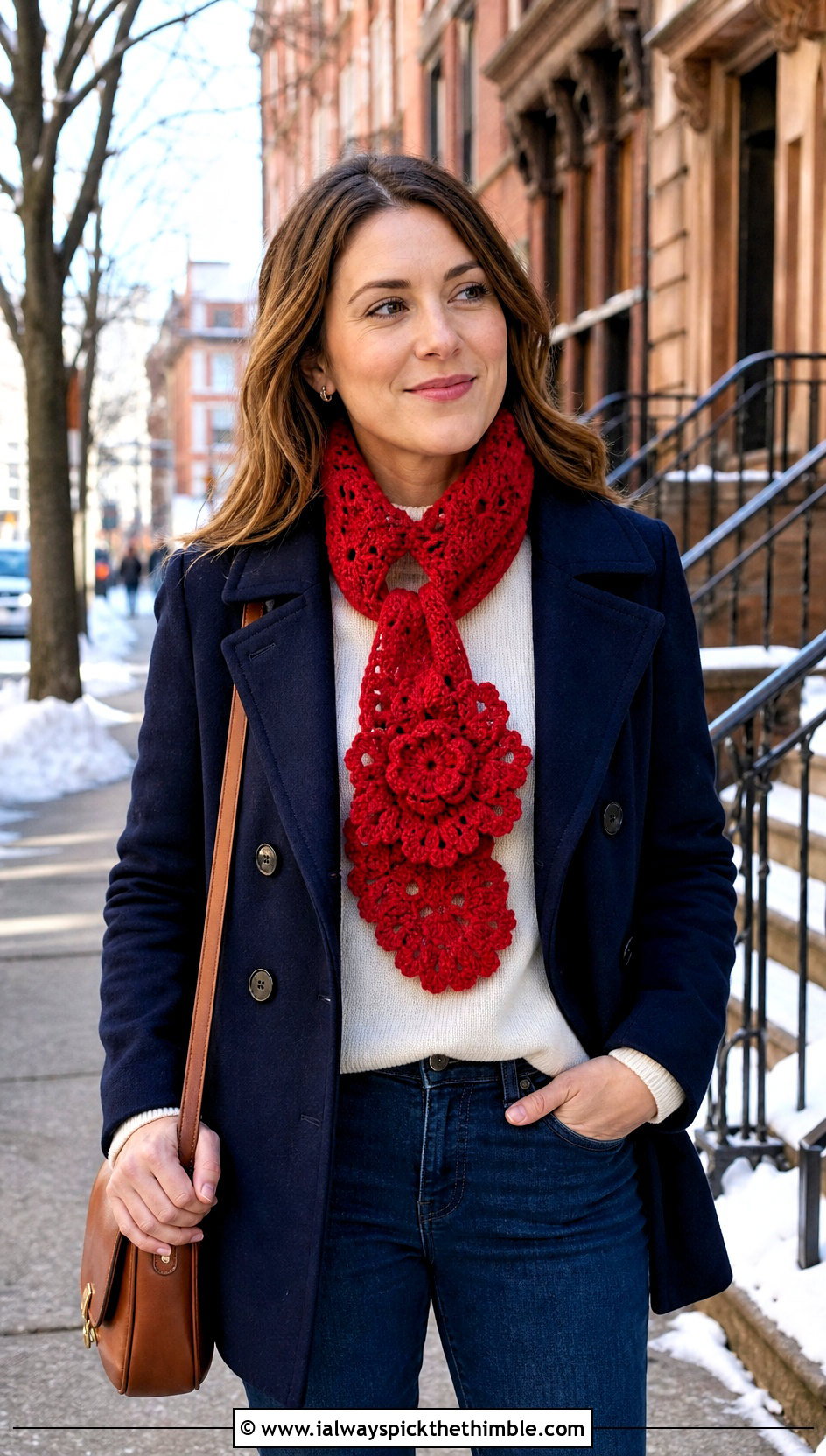 Flower Keyhole Crochet Scarf With Peacoat And Straight Jeans - 25 crochet flower scarf outfit ideas