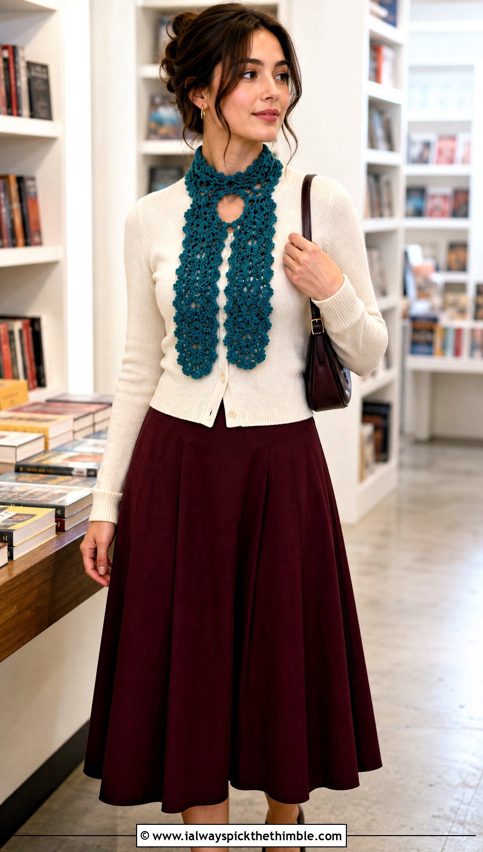 Flower Keyhole Scarf With Cardigan And Midi Skirt - 15 Crocheted Keyhole Scarf outfit ideas