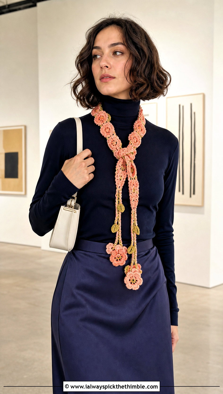 Flower Lariat Crochet Scarf With Turtleneck And Midi Skirt - 20 crochet scarf with flowers outfit ideas