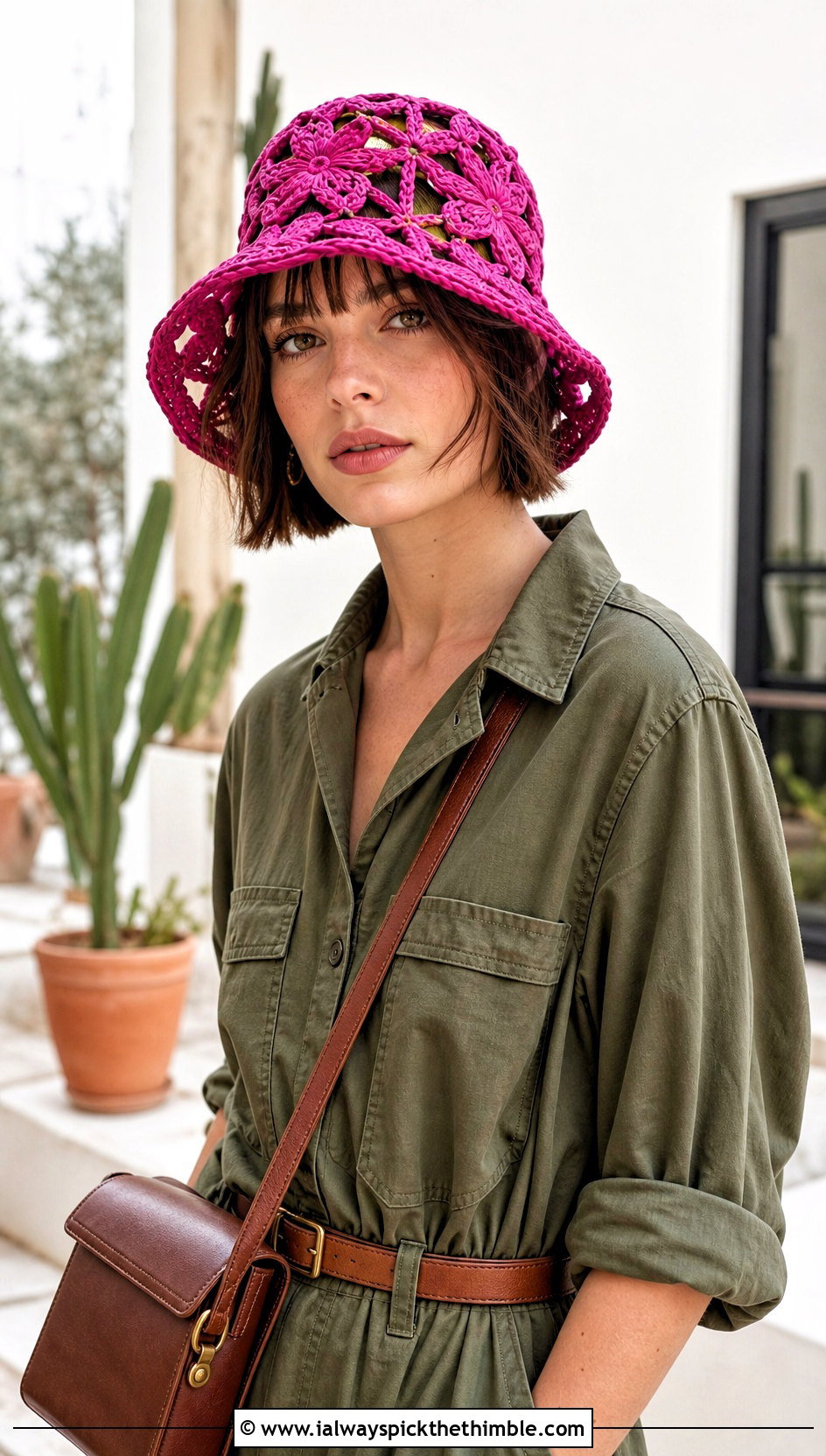 Flower Mesh Crochet Hat With Utility Jumpsuit - 20 crochet net hat outfit ideas