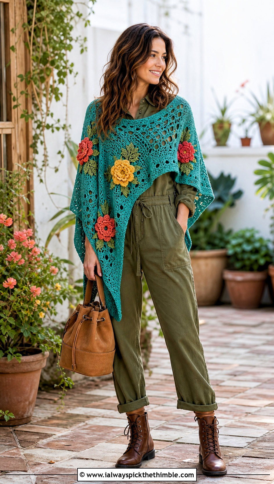 Flower Motif Asymmetrical Crochet Poncho With Utility Jumpsuit - 20 Asymmetrical Crochet Poncho outfit ideas