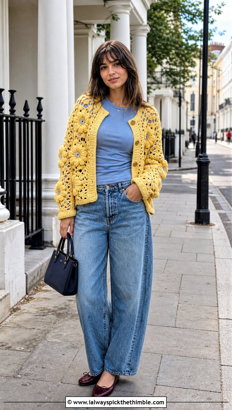 Flower Motif Boho Crochet Cardigan With Barrel Jeans - 25 crochet boho cardigan outfit ideas