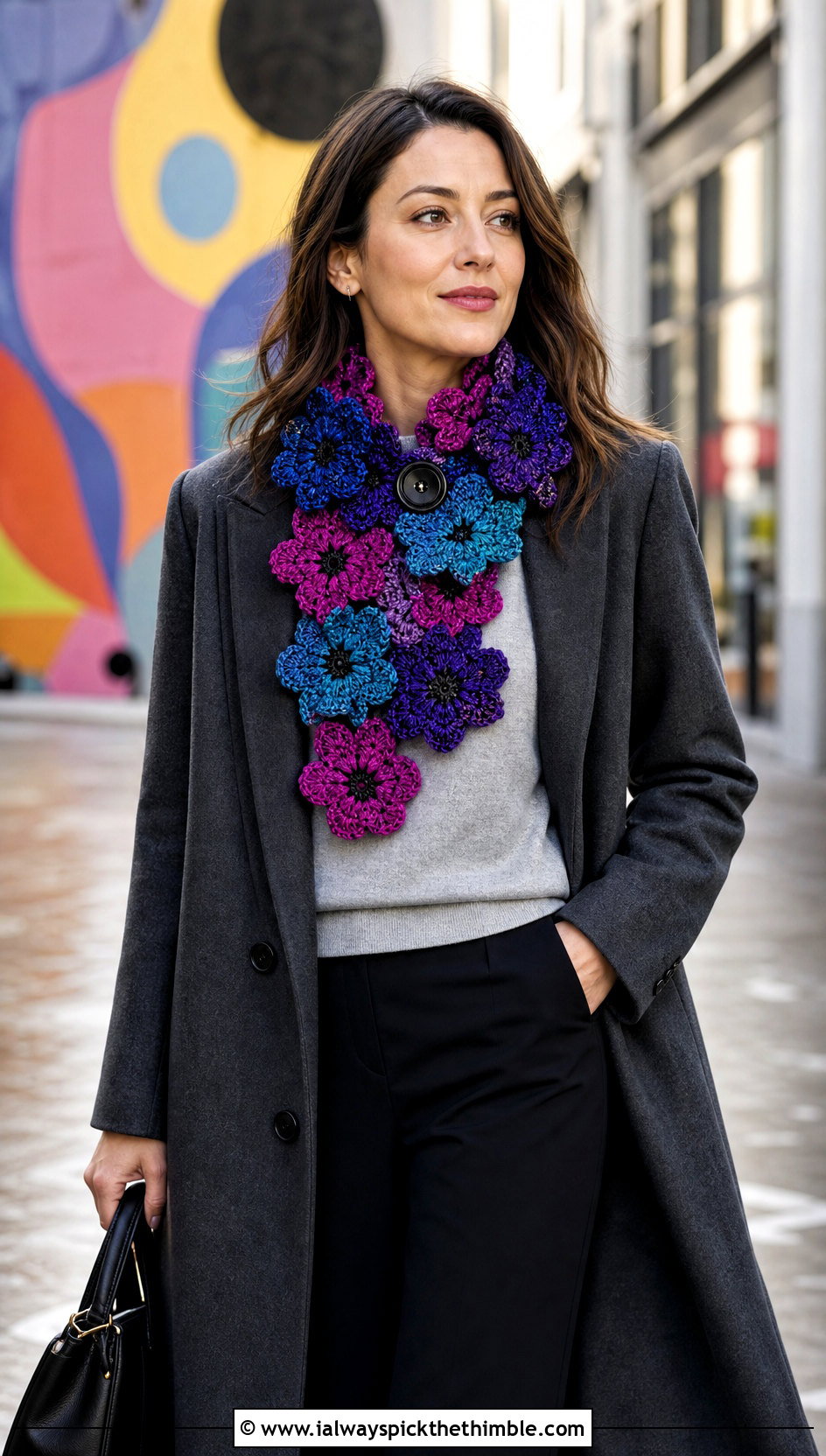 Flower Motif Button Hole Crochet Scarf With Minimalist Coat - 15 Crochet Button Hole Scarf outfit ideas