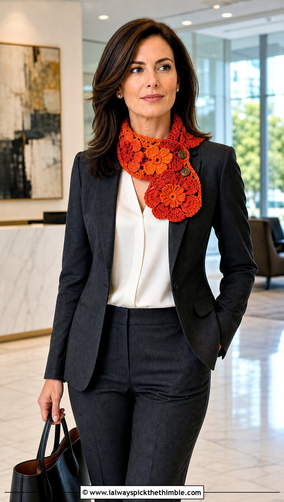 Flower Motif Button Scarf With Trouser Suit - 15 Button Crochet Scarf outfit ideas