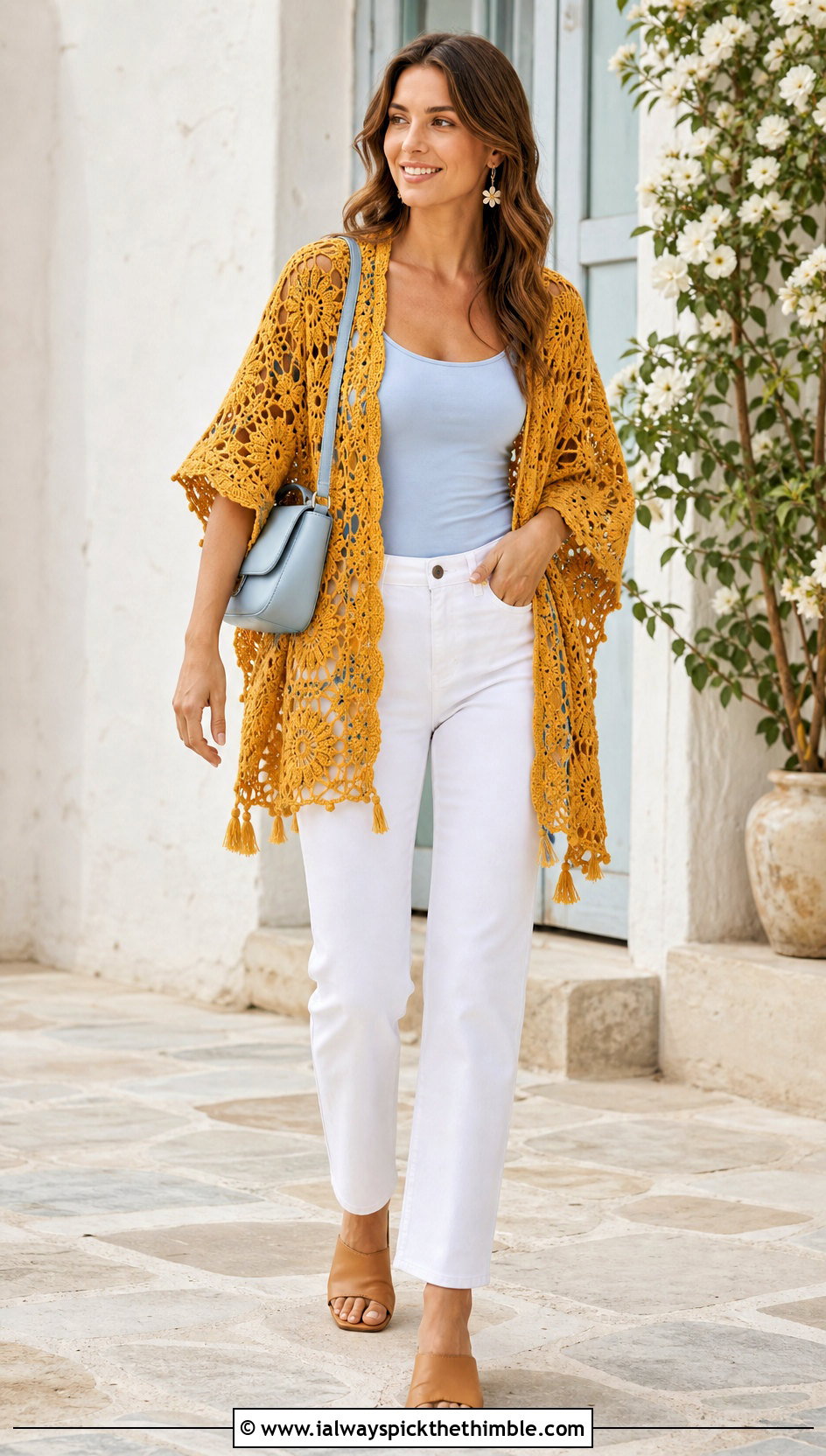 Flower Motif Crochet Boho Poncho With White Jeans - 20 crochet boho poncho outfit ideas