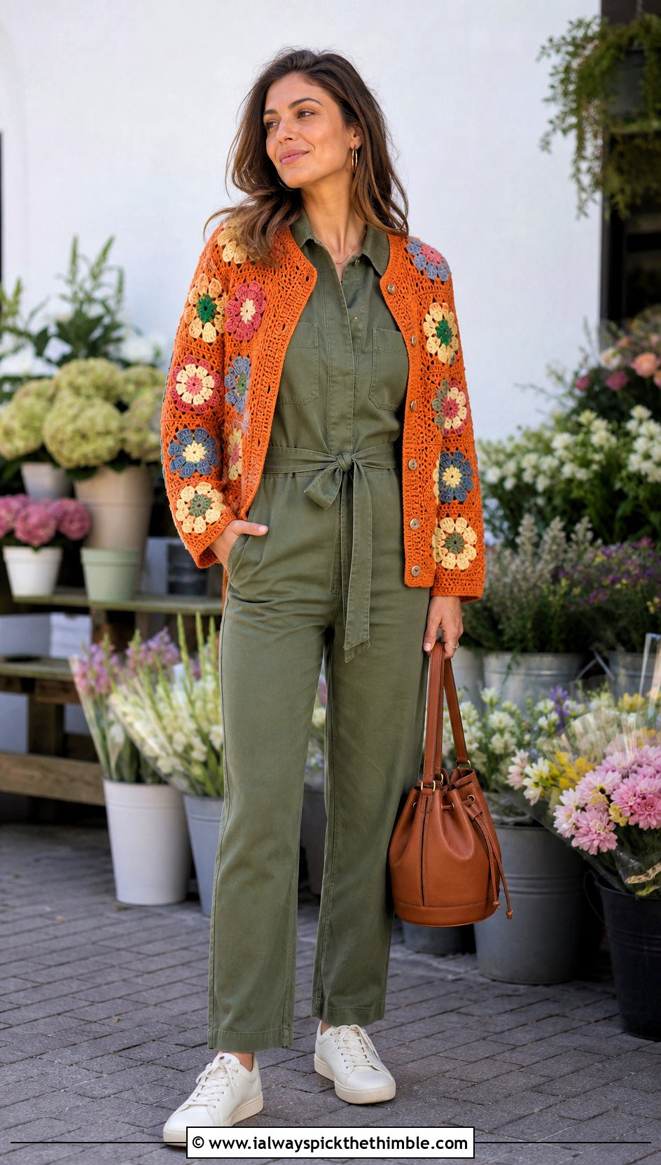 Flower Motif Crochet Button Up Cardigan With Utility Jumpsuit - 20 Crochet Button Up Cardigan outfit ideas