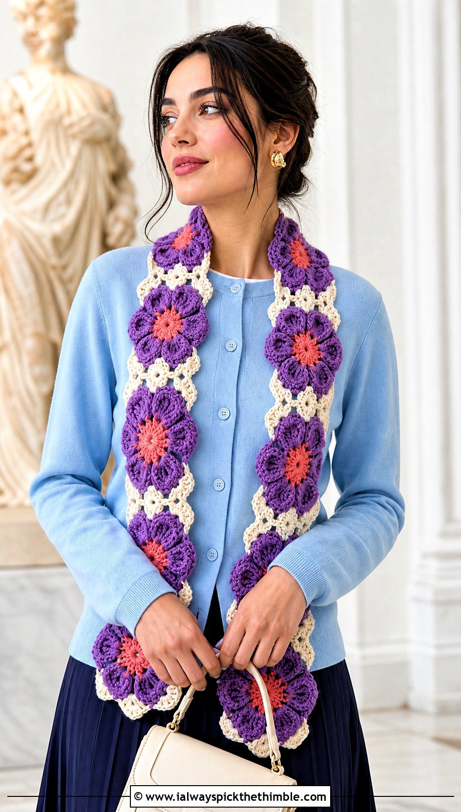 Flower Motif Crochet Candy Scarf With Cardigan And Pleated Skirt - 15 crochet candy scarf outfit ideas