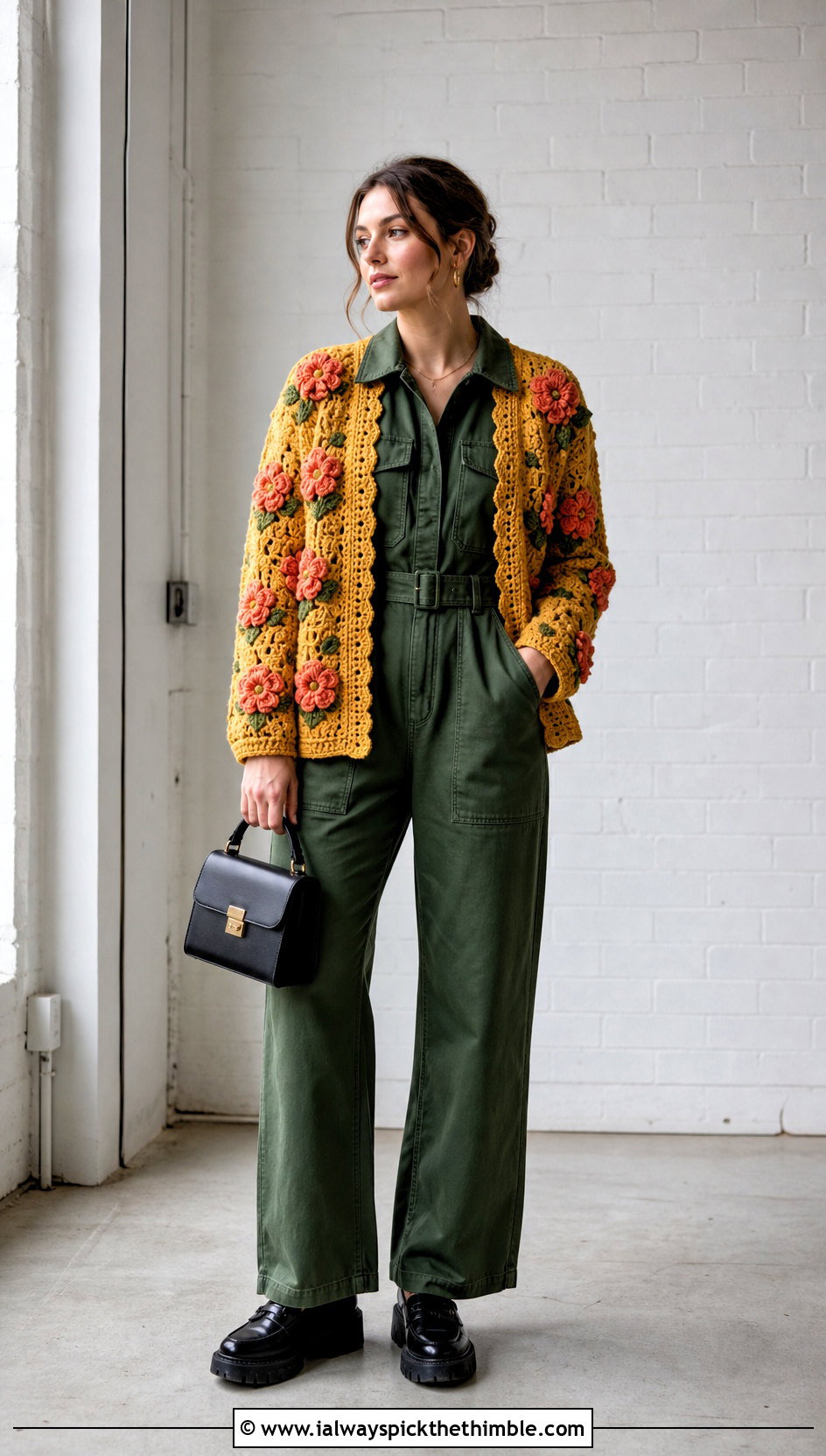 Flower Motif Crochet Cardigan With Utility Jumpsuit - 20 thick crochet cardigan outfit ideas