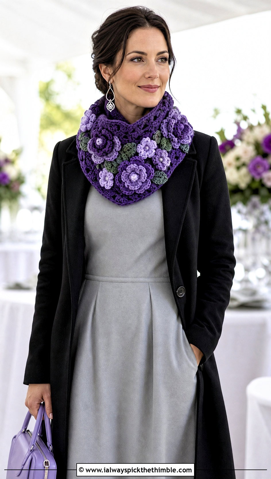 Flower Motif Crochet Cowl With Solid Midi Dress - 20 cowl crochet scarf outfit ideas