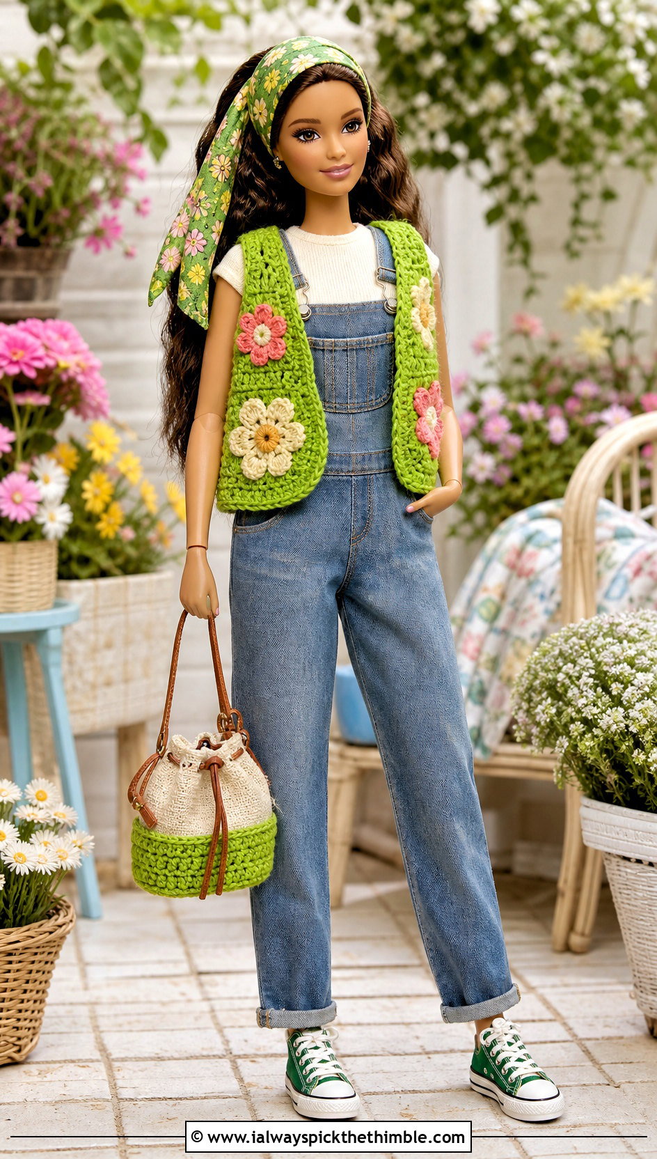Flower Motif Crochet Doll Vest With Denim Overalls - 20 crochet doll vest outfit ideas