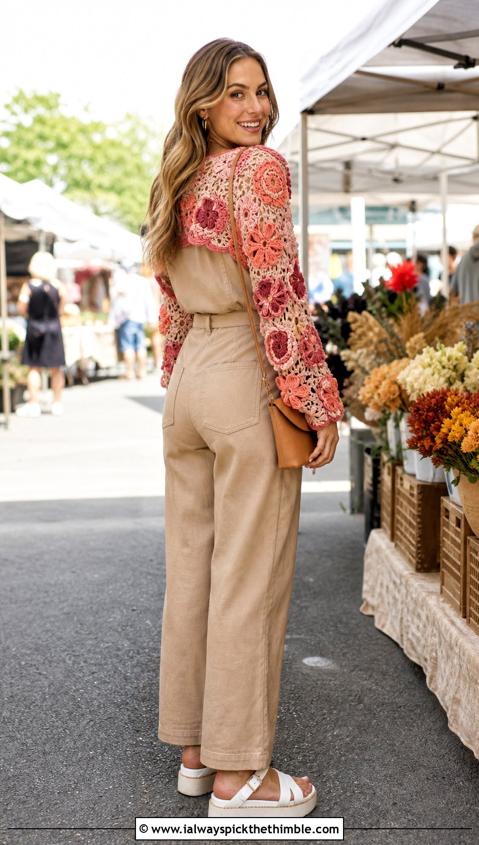 Flower Motif Crochet Long Sleeve Shrug With Utility Jumpsuit - 20 crochet long sleeve shrug outfit ideas