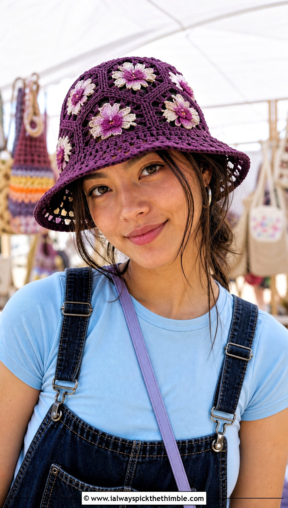 Flower Motif Crochet Mesh Bucket Hat With Denim Overalls - 20 crochet mesh bucket hat outfit ideas