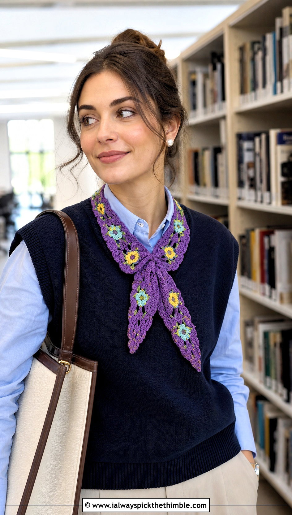 Flower Motif Crochet Mini Scarf With Oxford Shirt And Sweater Vest - 20 Tiny Crochet Scarf outfit ideas