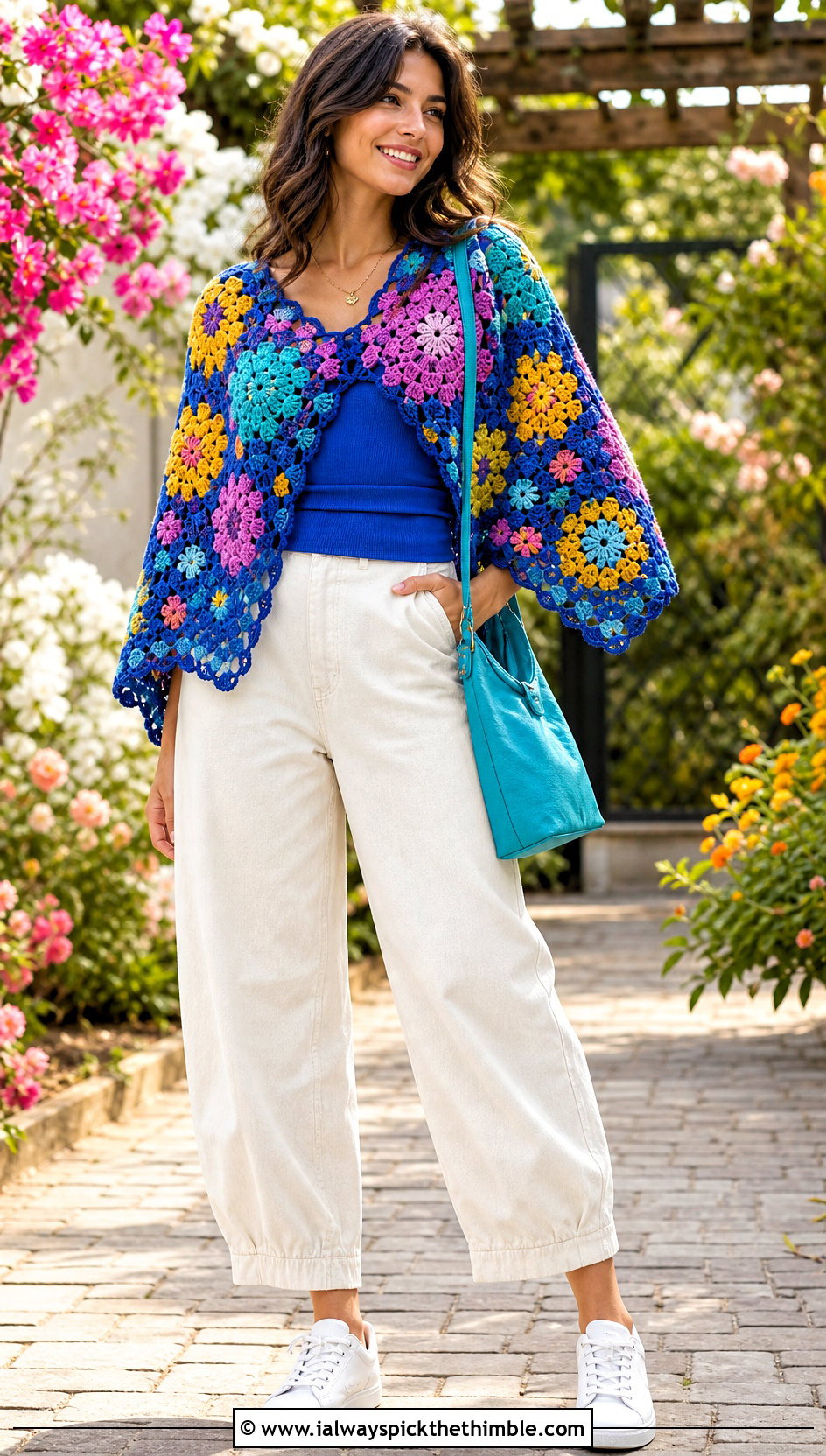 Flower Motif Crochet Poncho Sweater With Ecru Denim - 25 crochet poncho sweater outfit ideas