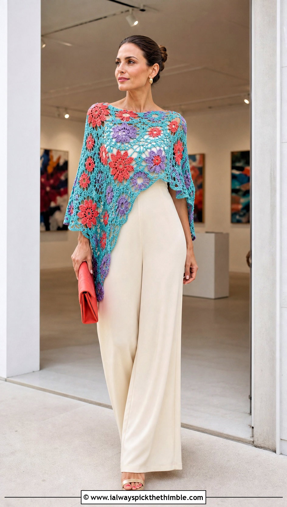 Flower Motif Crochet Poncho With Wide Leg Jumpsuit - 15 Crochet Womens Poncho outfit ideas