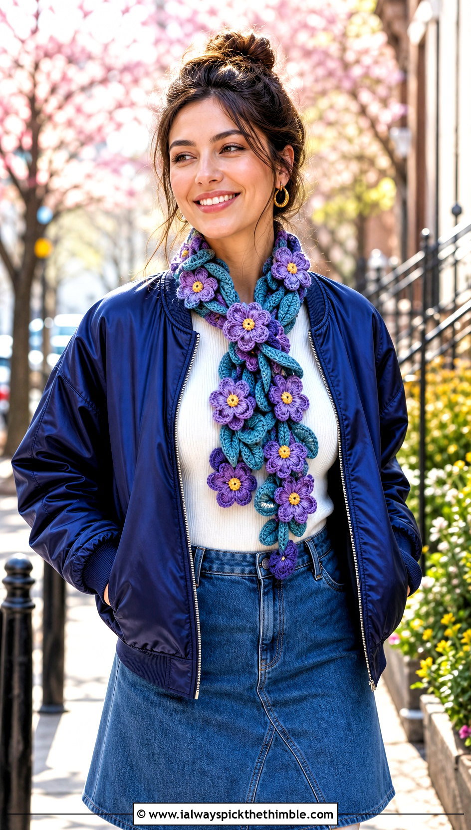 Flower Motif Crochet Scarf With Bomber Jacket - 20 crochet for scarfs outfit ideas