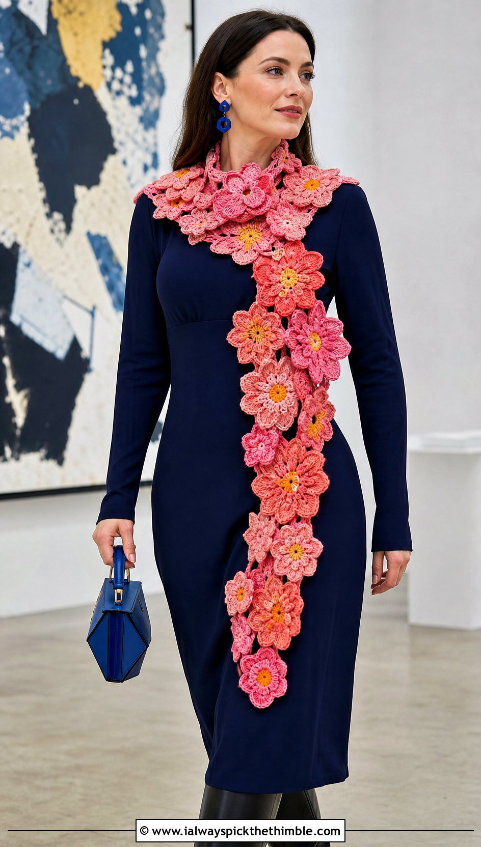 Flower Motif Crochet Scarf With Column Dress - 15 unusual crochet scarf outfit ideas