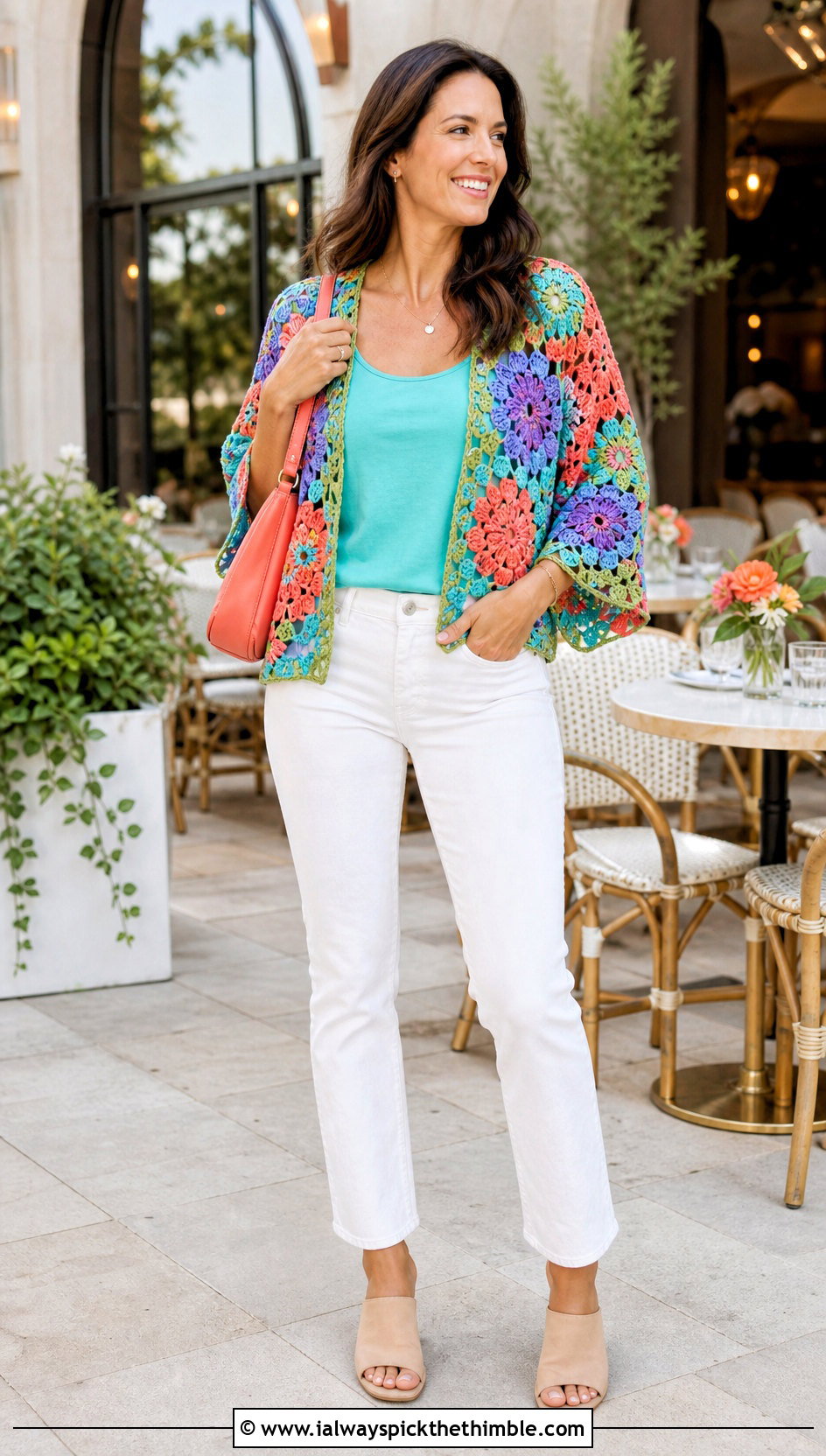 Flower Motif Crochet Shrug With White Jeans - 20 Crochet Shrug Cardigan outfit ideas