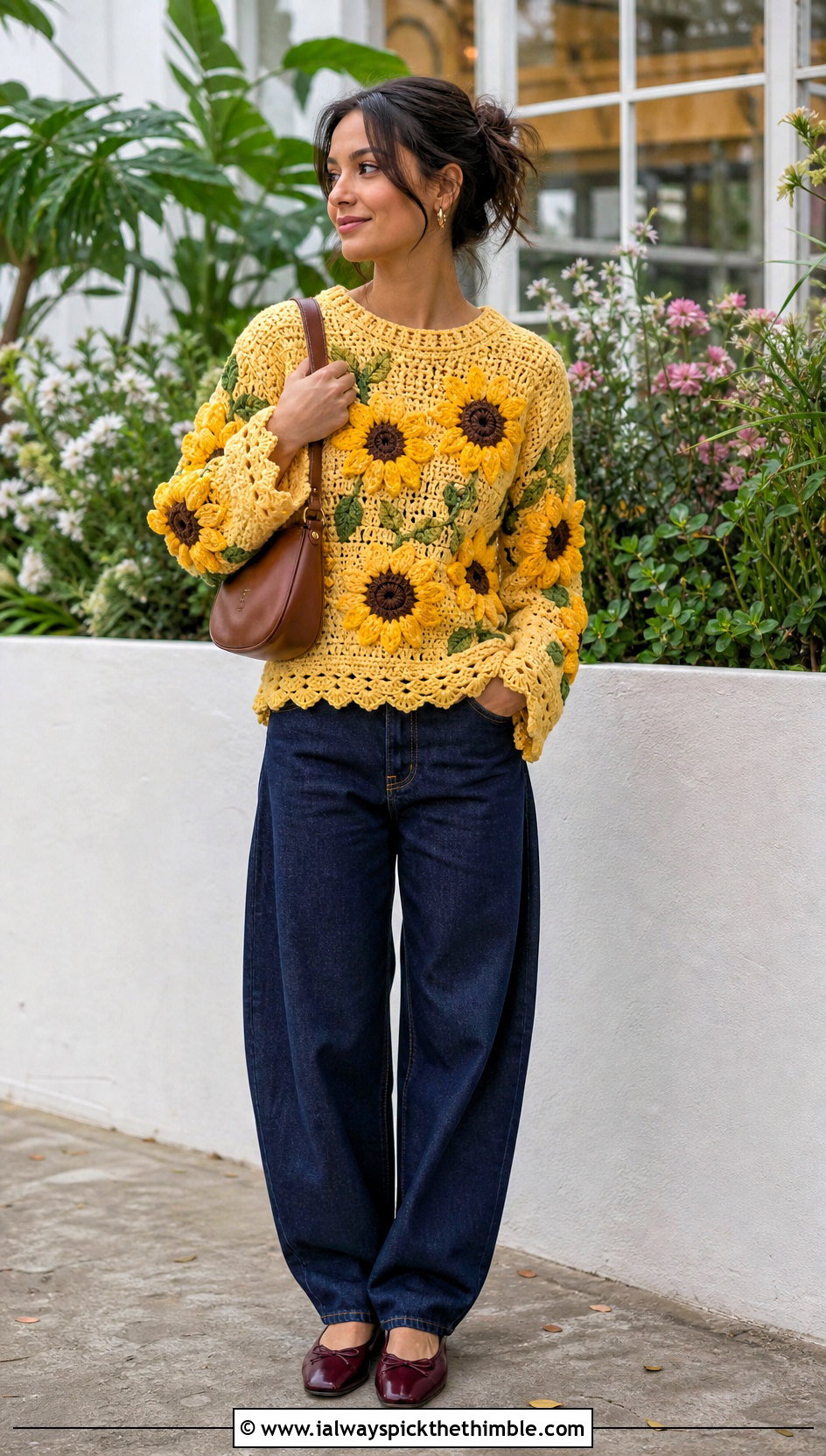 Flower Motif Crochet Sweater With Barrel Jeans - 25 diy crochet sweater outfit ideas