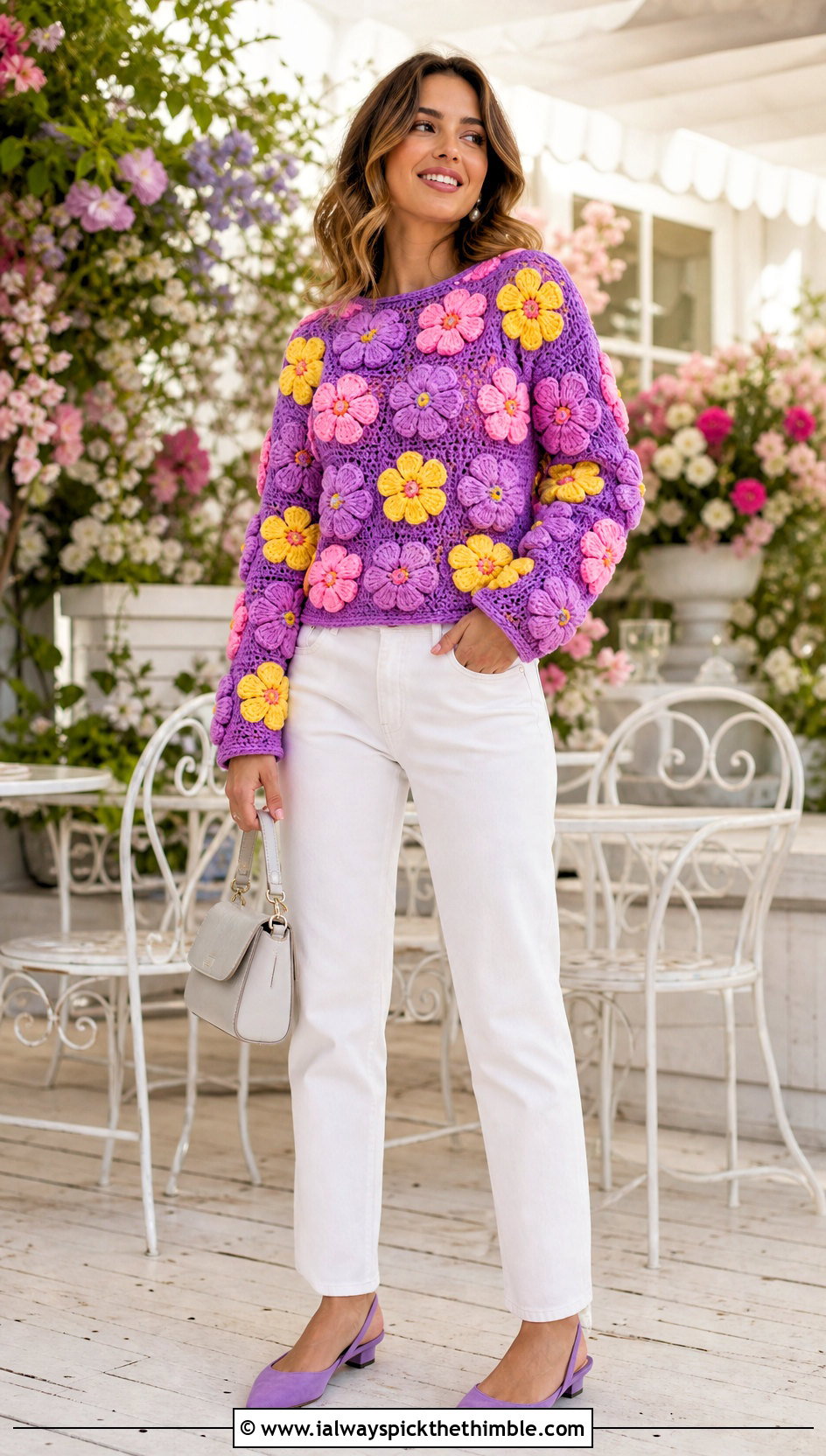Flower Motif Crochet Sweater With White Denim - 20 cool crochet sweater outfit ideas
