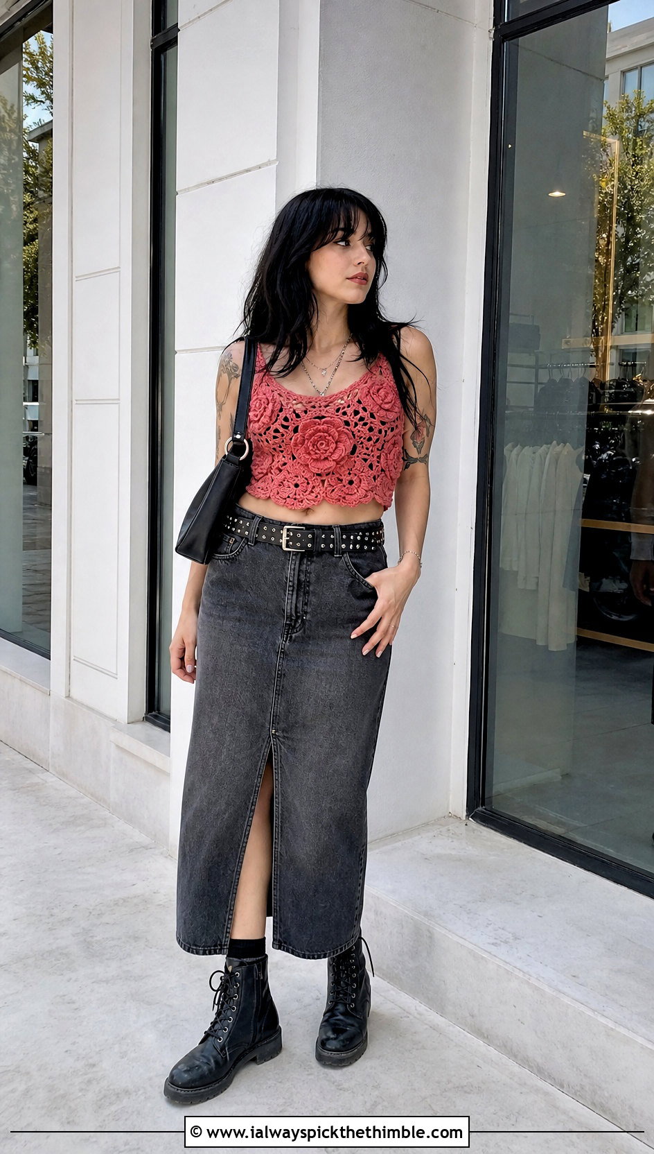 Flower Motif Crochet Top With Denim Midi Skirt - 20 emo crochet top outfit ideas