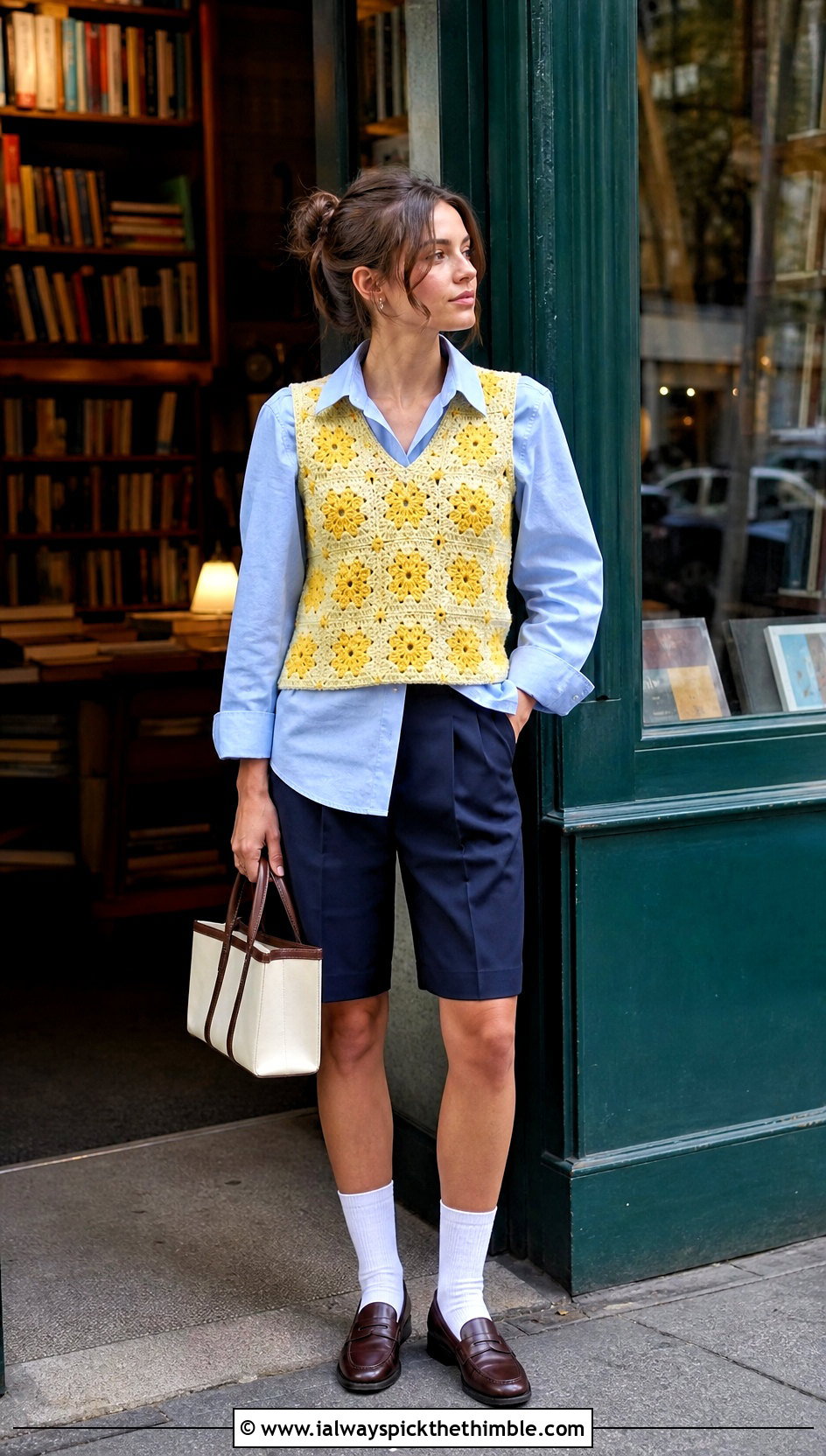 Flower Motif Crochet Vest With Poplin Shirt And Shorts - 25 crochet flower top outfit ideas