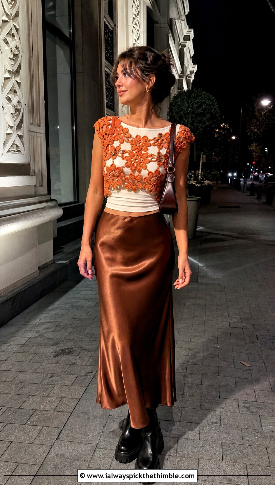 Flower Motif Crop Crochet Grunge Top With Satin Slip Skirt - 20 crochet grunge top outfit ideas