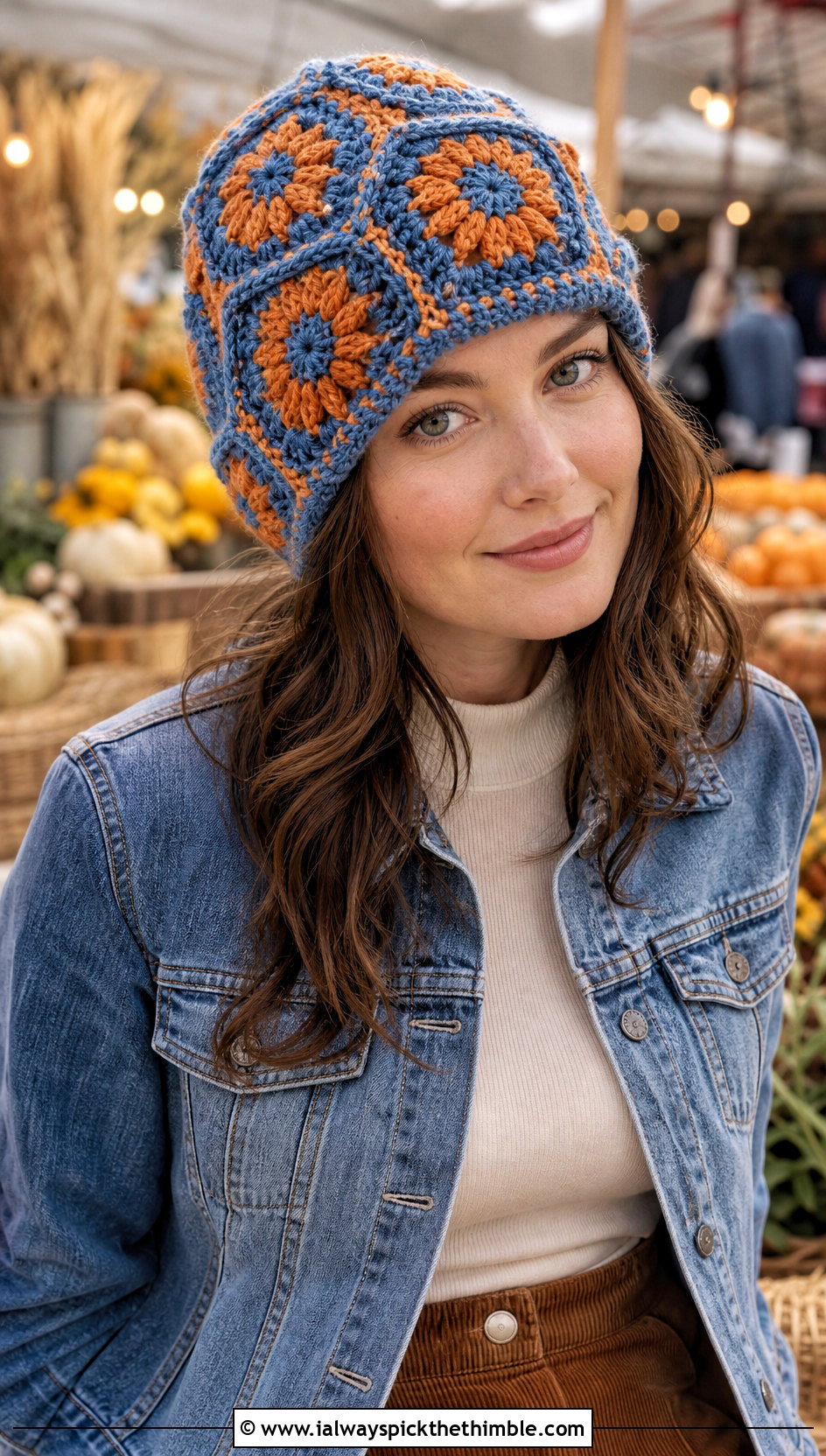 Flower Motif Granny Square Beanie With Corduroy Pants - 20 granny square beanie outfit ideas
