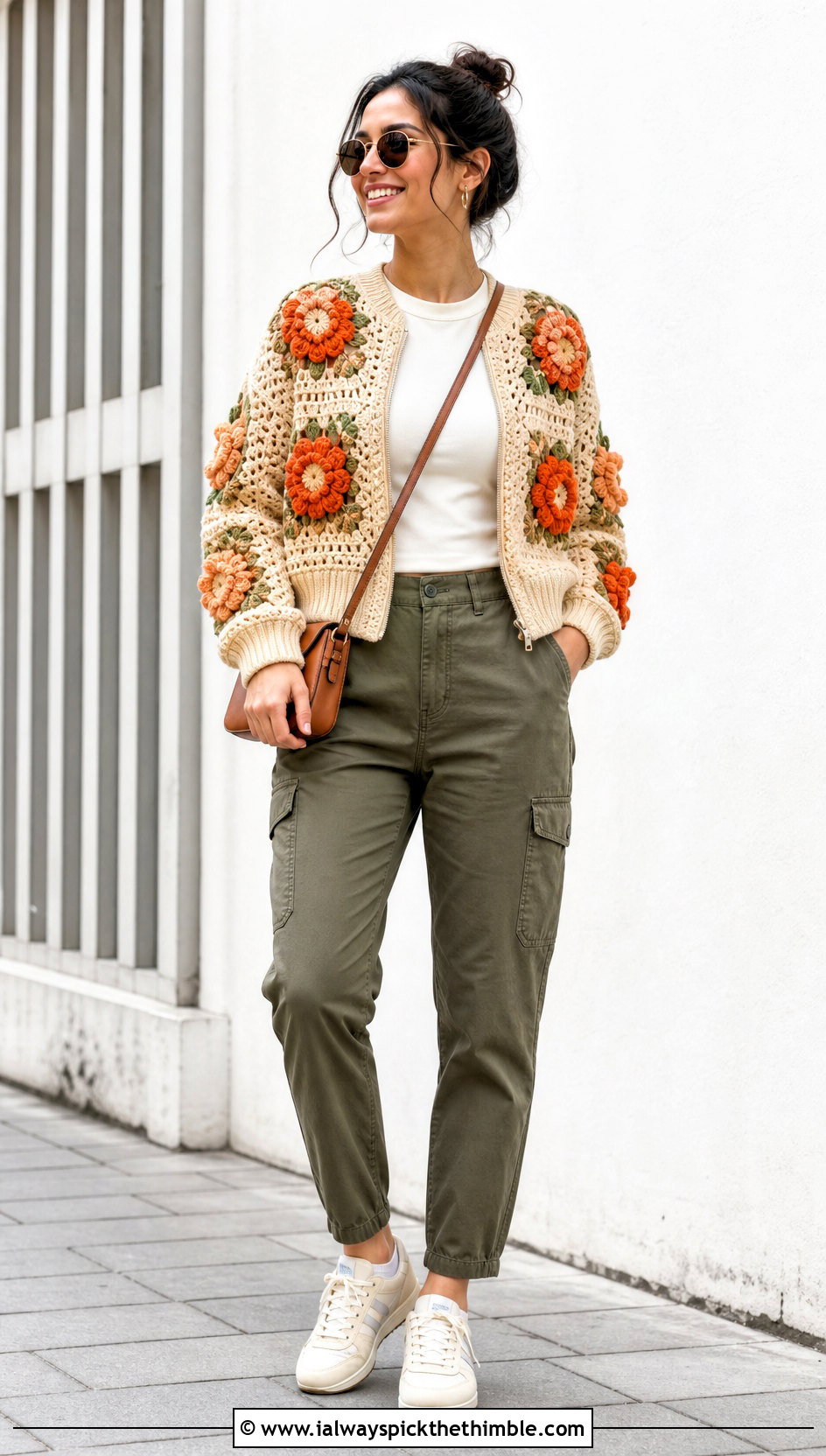 Flower Motif Granny Square Bomber Jacket With Cargo Pants - 20 crochet granny square jacket outfit ideas