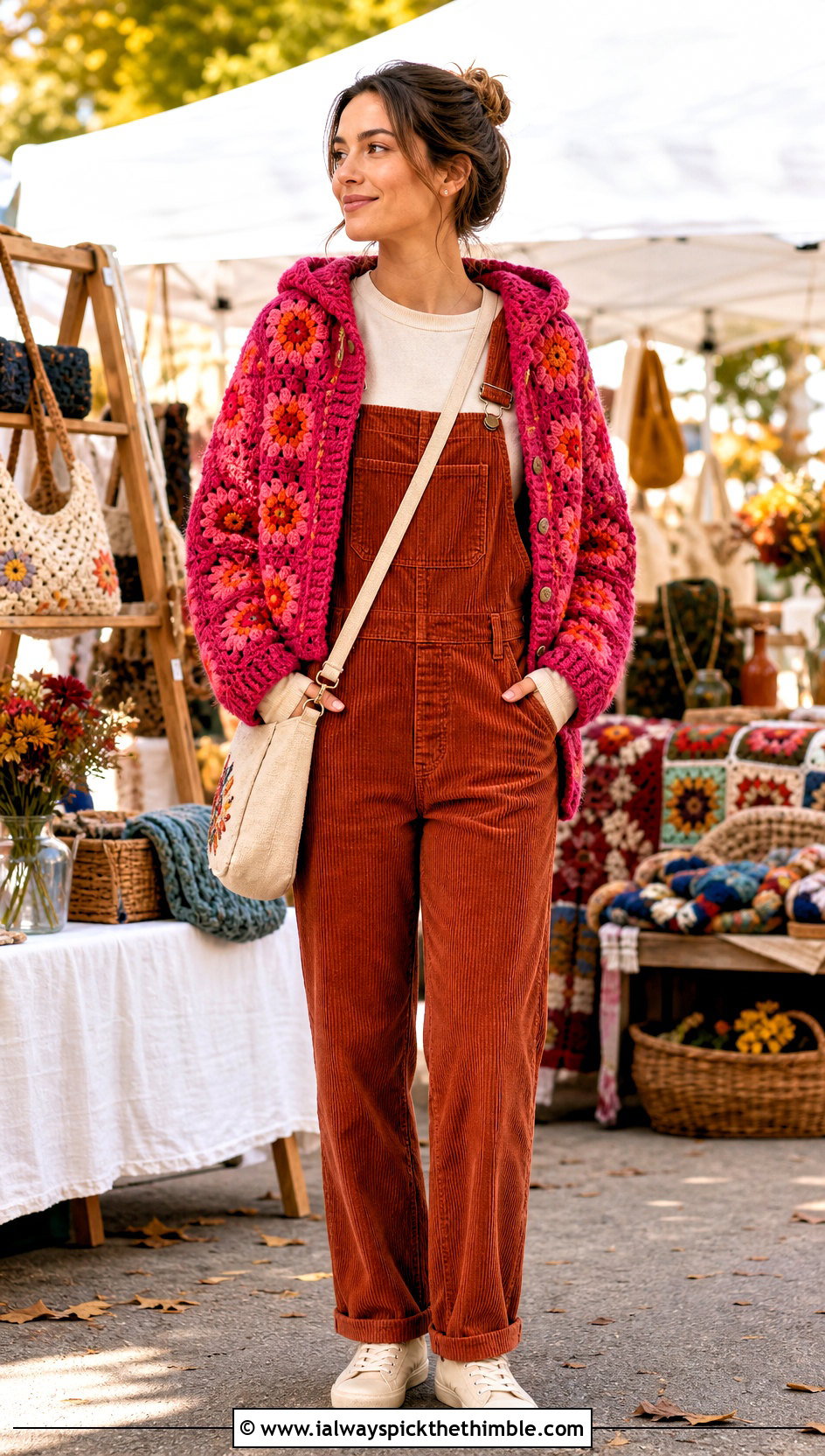 Flower Motif Granny Square Cardigan With Hood And Corduroy Overalls - 20 granny square cardigan with hood outfit ideas