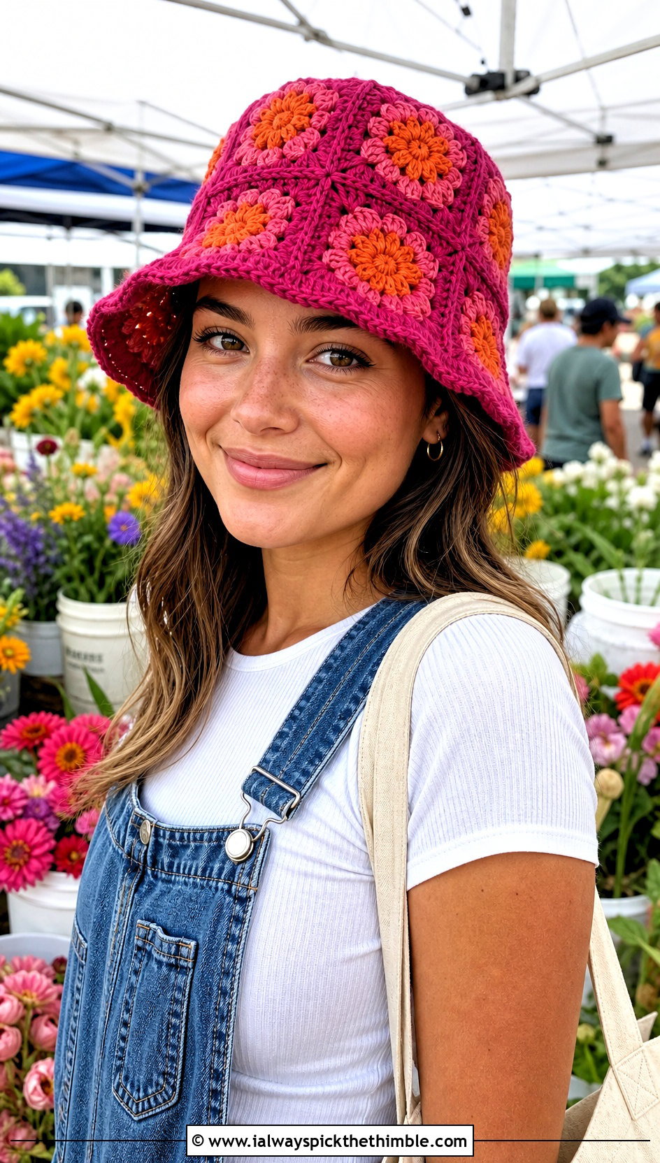Flower Motif Granny Square Hat With Denim Overalls And Clogs - 20 crochet square hat outfit ideas