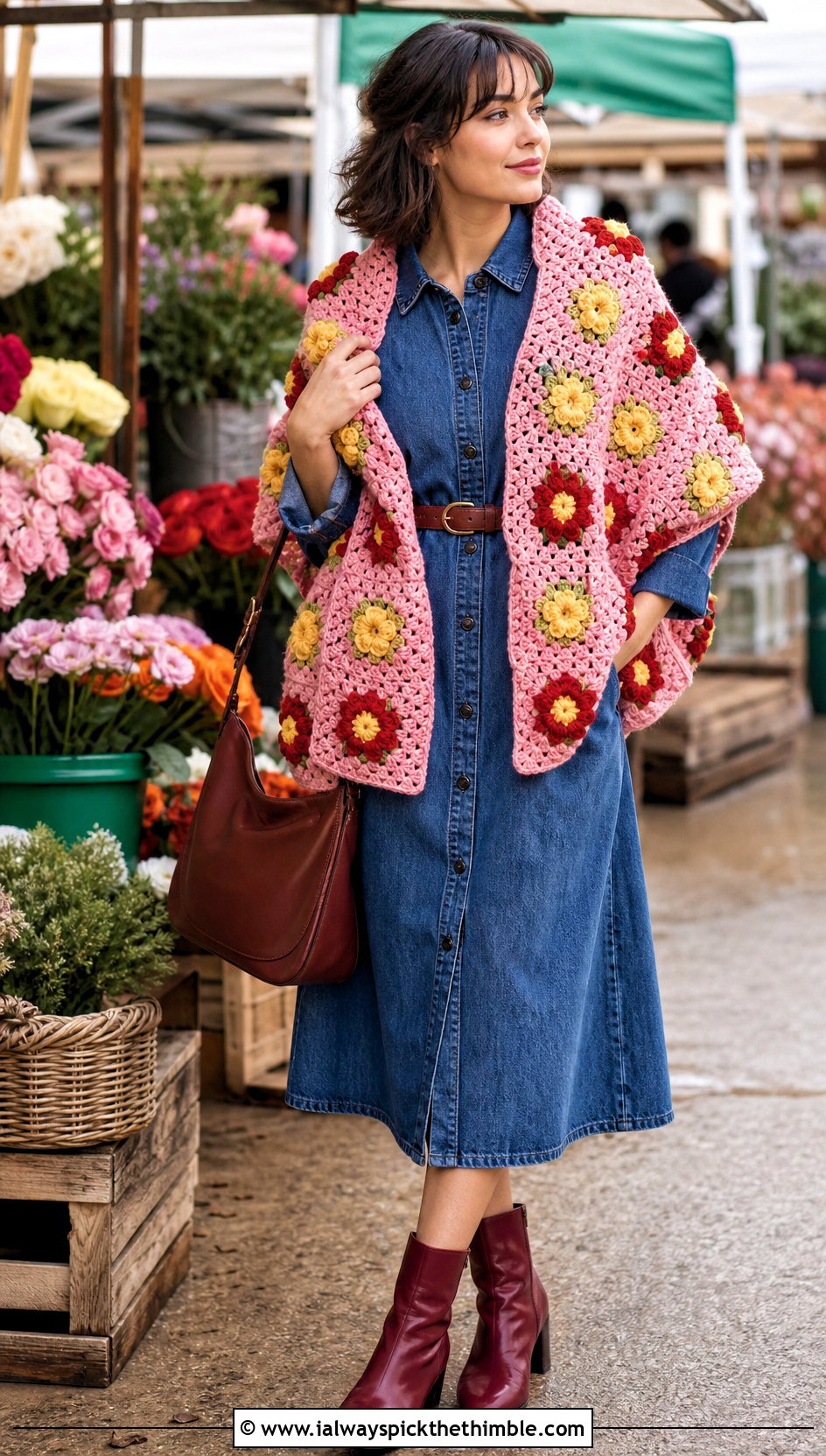Flower Motif Granny Square Shawl With Denim Dress - 25 granny square shawl outfit ideas