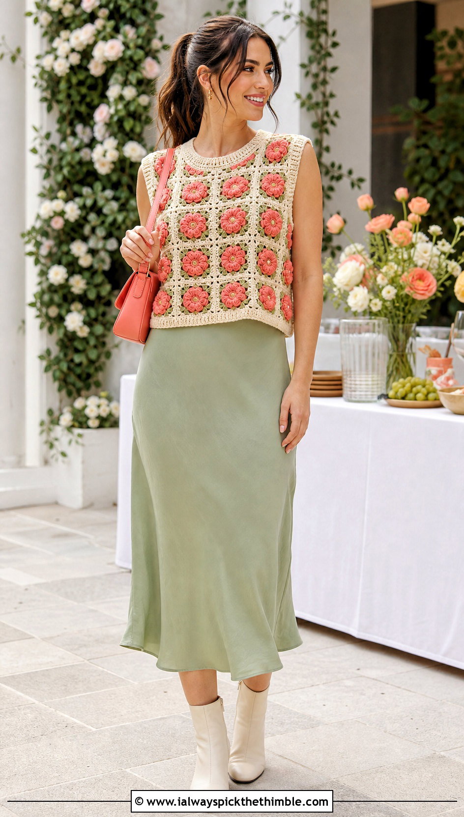 Flower Motif Granny Square Sweater Vest With Slip Dress - 25 granny square sweater vest outfit ideas