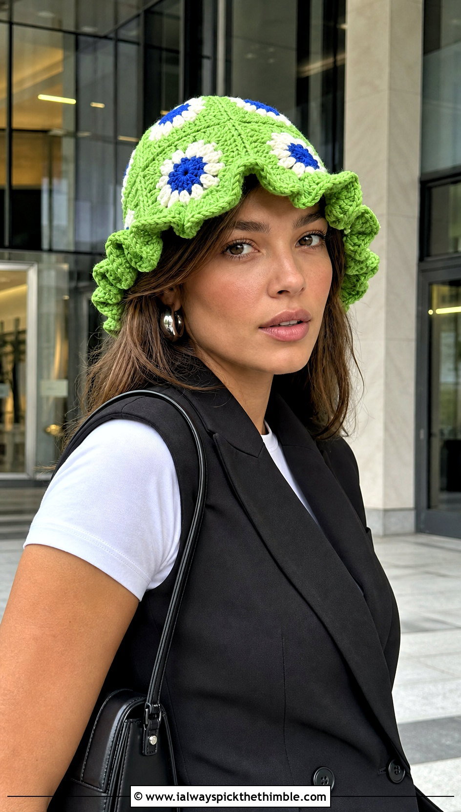 Flower Motif Ruffle Crochet Bucket Hat With Tailored Vest And Trousers - 20 Frilly Crochet Bucket Hat outfit ideas