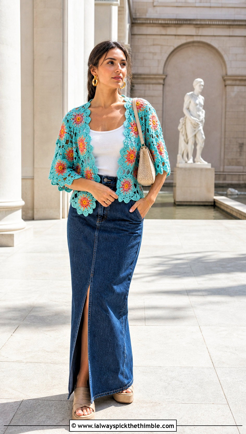 Flower Motif Shrug With Denim Maxi Skirt - 25 crochet shrug bolero outfit ideas