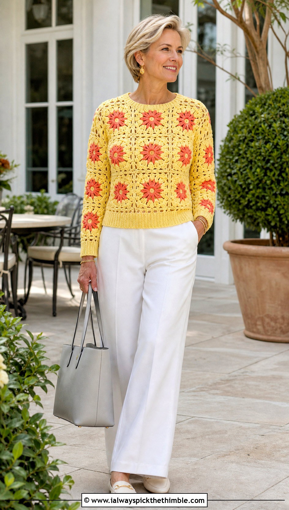 Flower Motif Square Sweater With White Wide Leg Pants - 25 Crochet Square Sweater outfit ideas