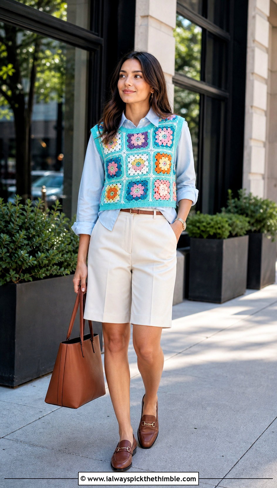 Flower Motif Sweater Vest With Bermuda Shorts - 20 crochet flower sweater outfit ideas