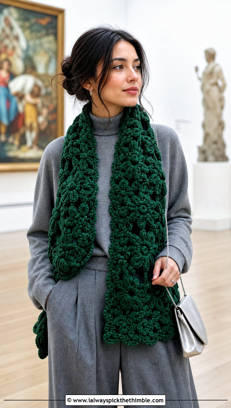 Flower Motif Velvet Crochet Scarf With Monochrome Outfit - 20 Velvet Crochet Scarf outfit ideas