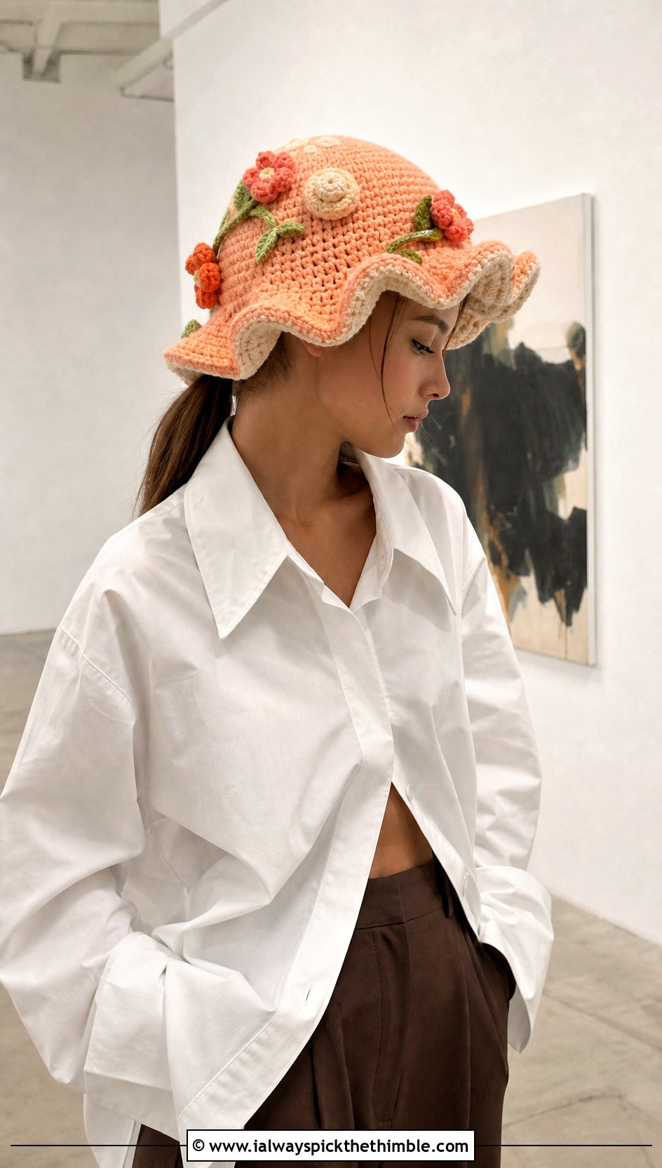 Flower Mushroom Crochet Cap With White Shirt And Trousers - 20 Mushroom Crochet Cap outfit ideas