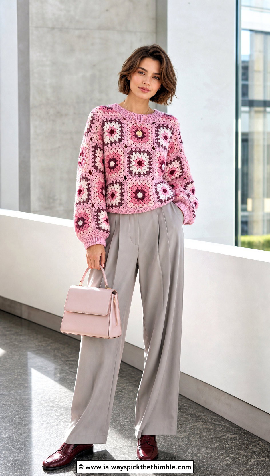 Flower Panel Pullover With Pleated Pants - 20 crochet flowers on sweater outfit ideas