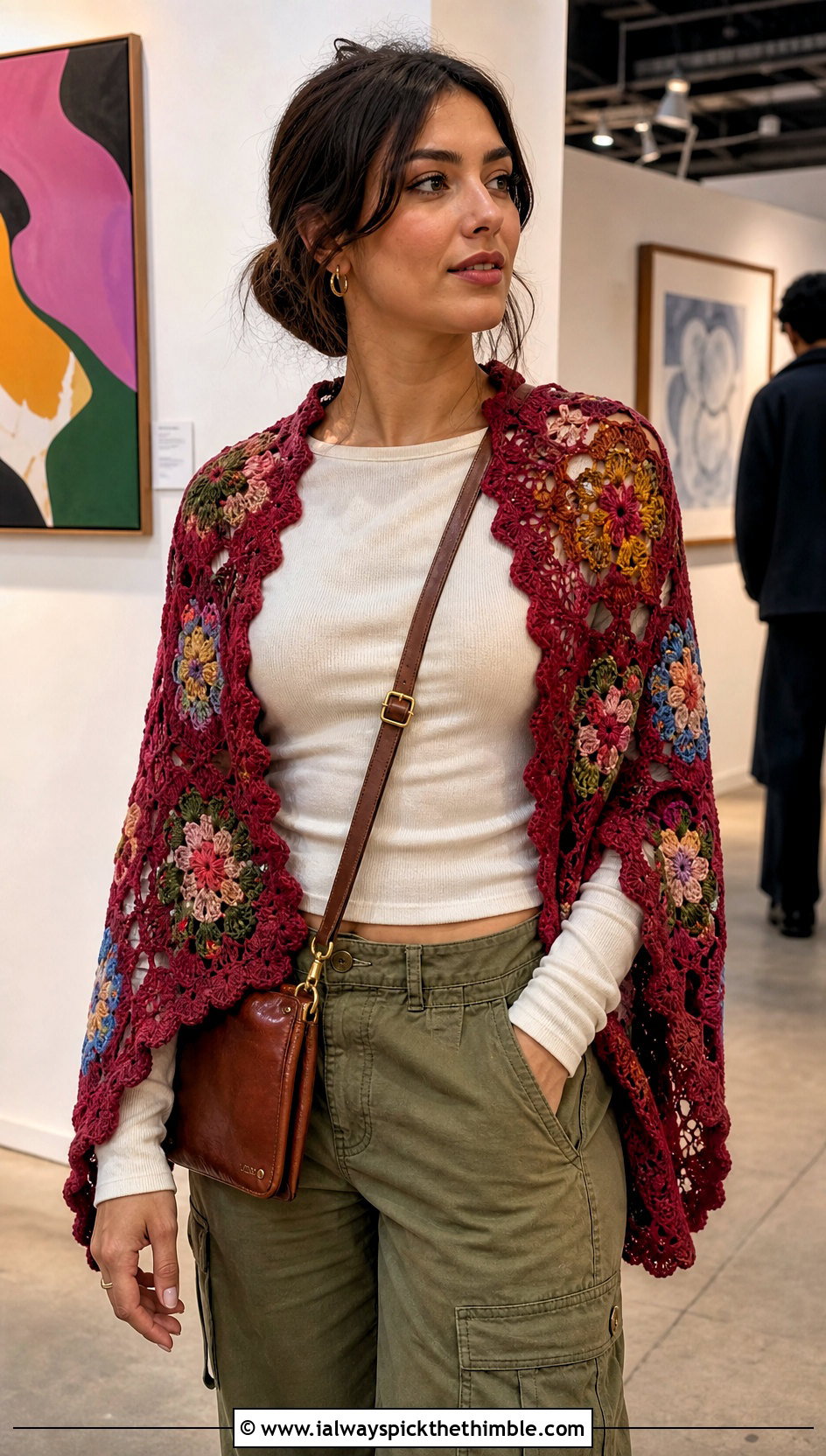 Flower Patchwork Crochet Shawl With Cargo Pants - 15 sophie digard crochet shawl outfit ideas