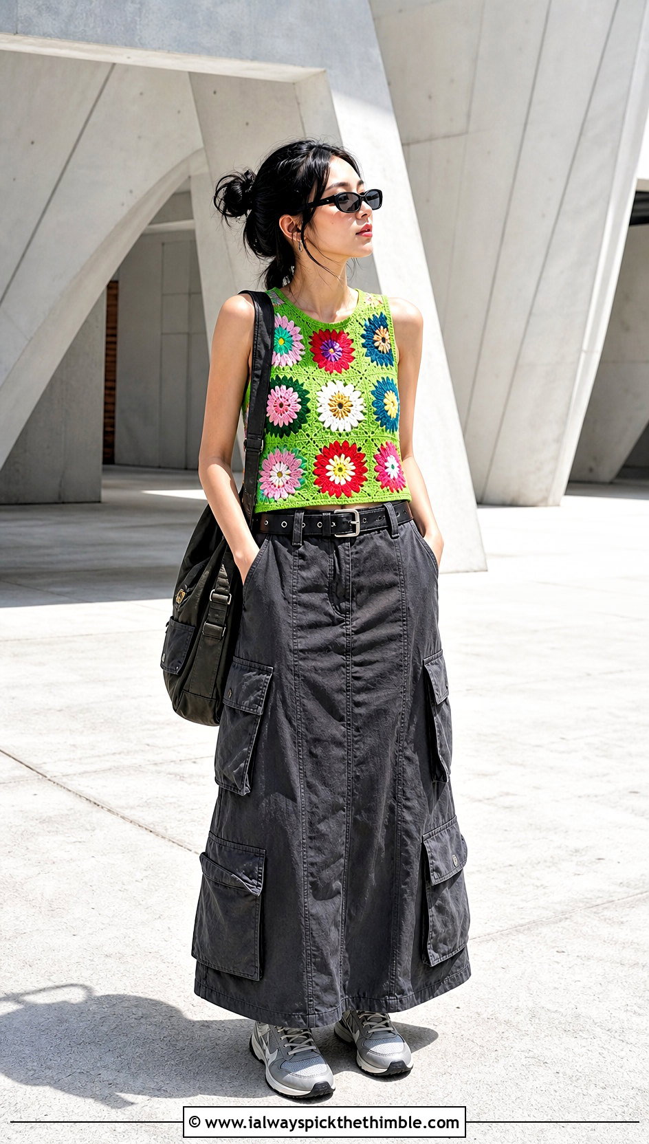 Flower Patchwork Sleeveless Shirt With Cargo Maxi Skirt - 25 Crochet Flower Shirt outfit ideas