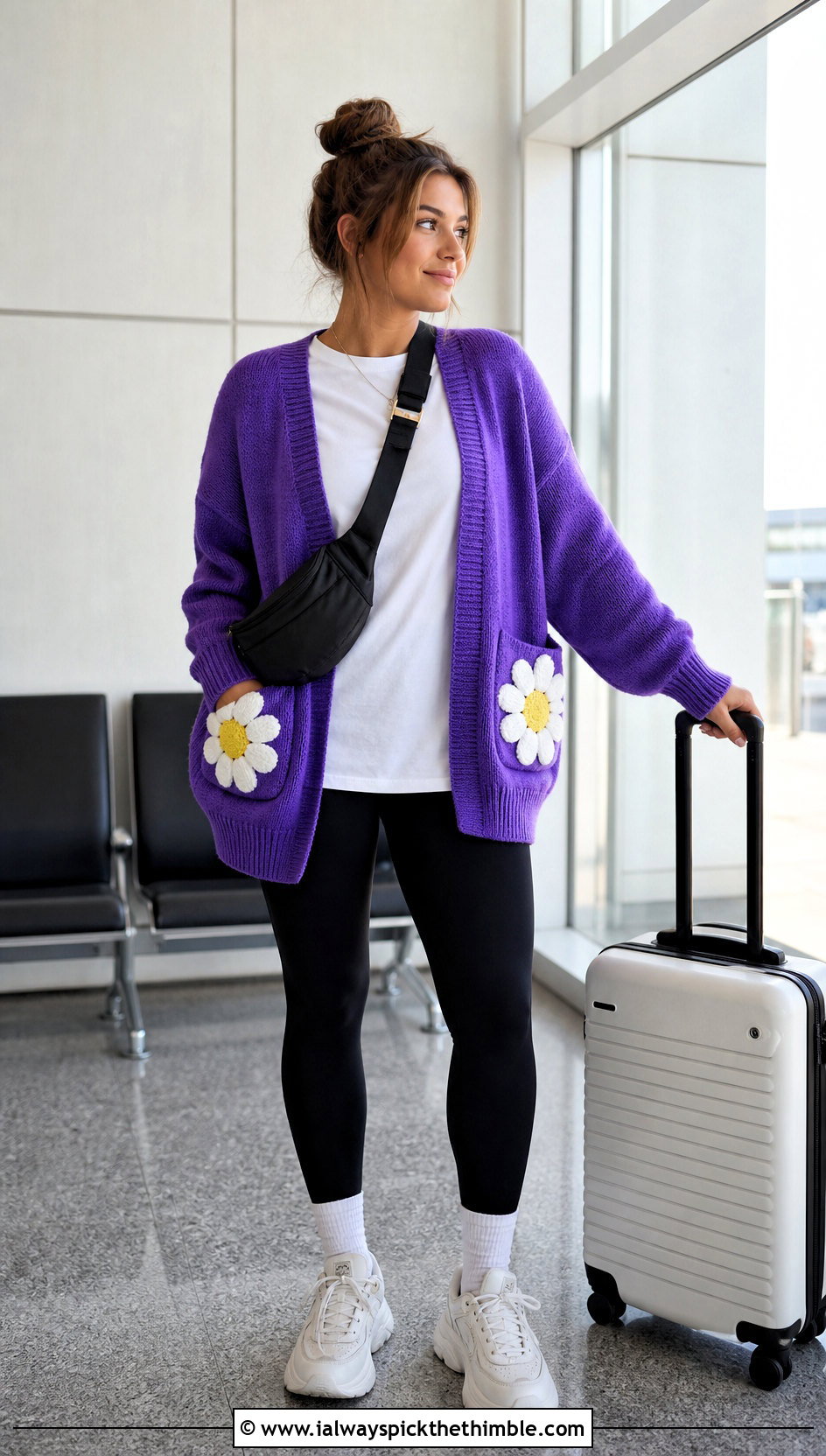 Flower Pocket Cardigan With Black Leggings - 25 crochet sweater with flowers outfit ideas