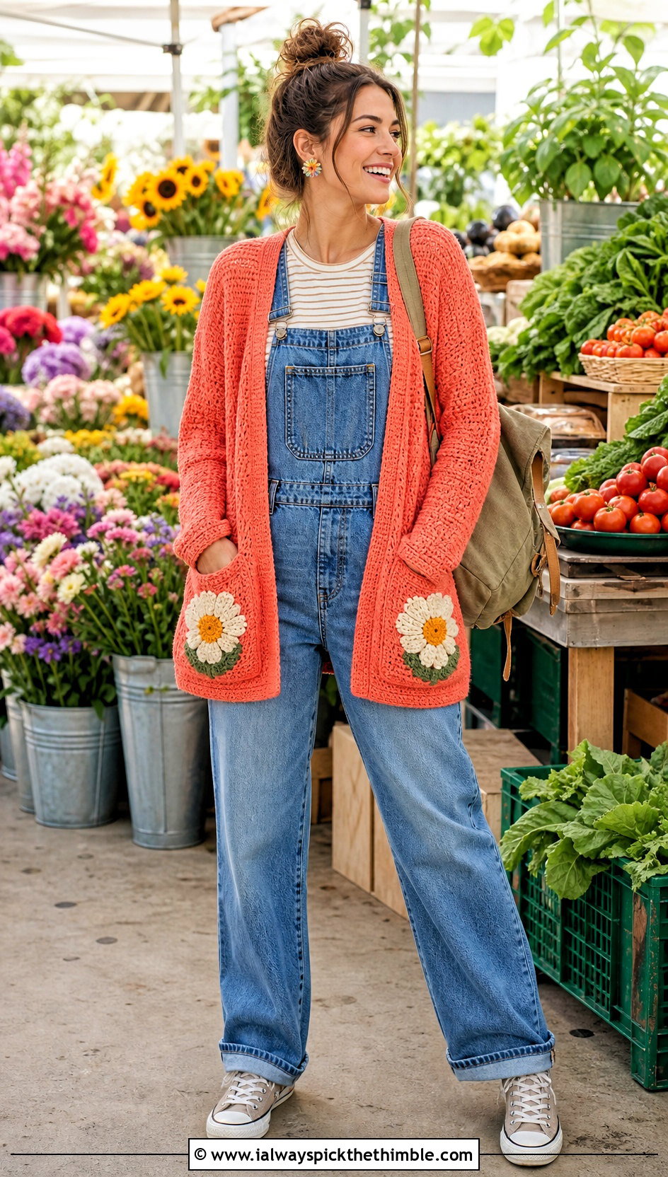 Flower Pocket Cardigan With Denim Overalls - 20 crochet flowers cardigan outfit ideas