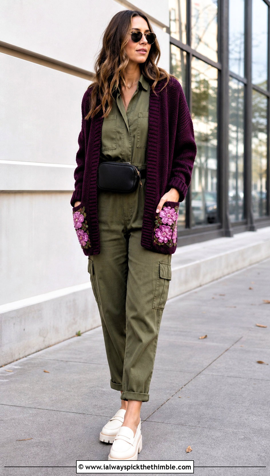 Flower Pocket Cardigan With Utility Jumpsuit - 20 crochet flowers on sweater outfit ideas
