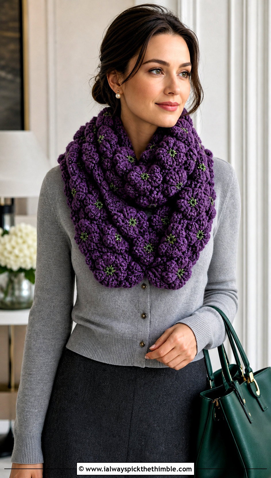 Flower Puff Scarf With Cardigan And Midi Skirt - 15 Playful Puffs Crochet Scarf outfit ideas