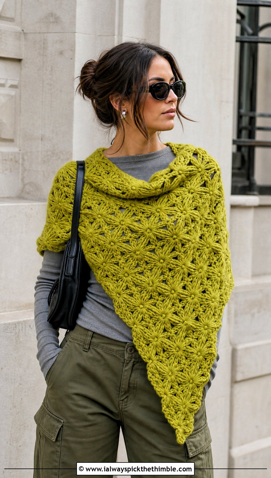 Flower Puff Stitch Triangle Shawl With Cargo Pants - 15 Crochet Floral Shawl outfit ideas
