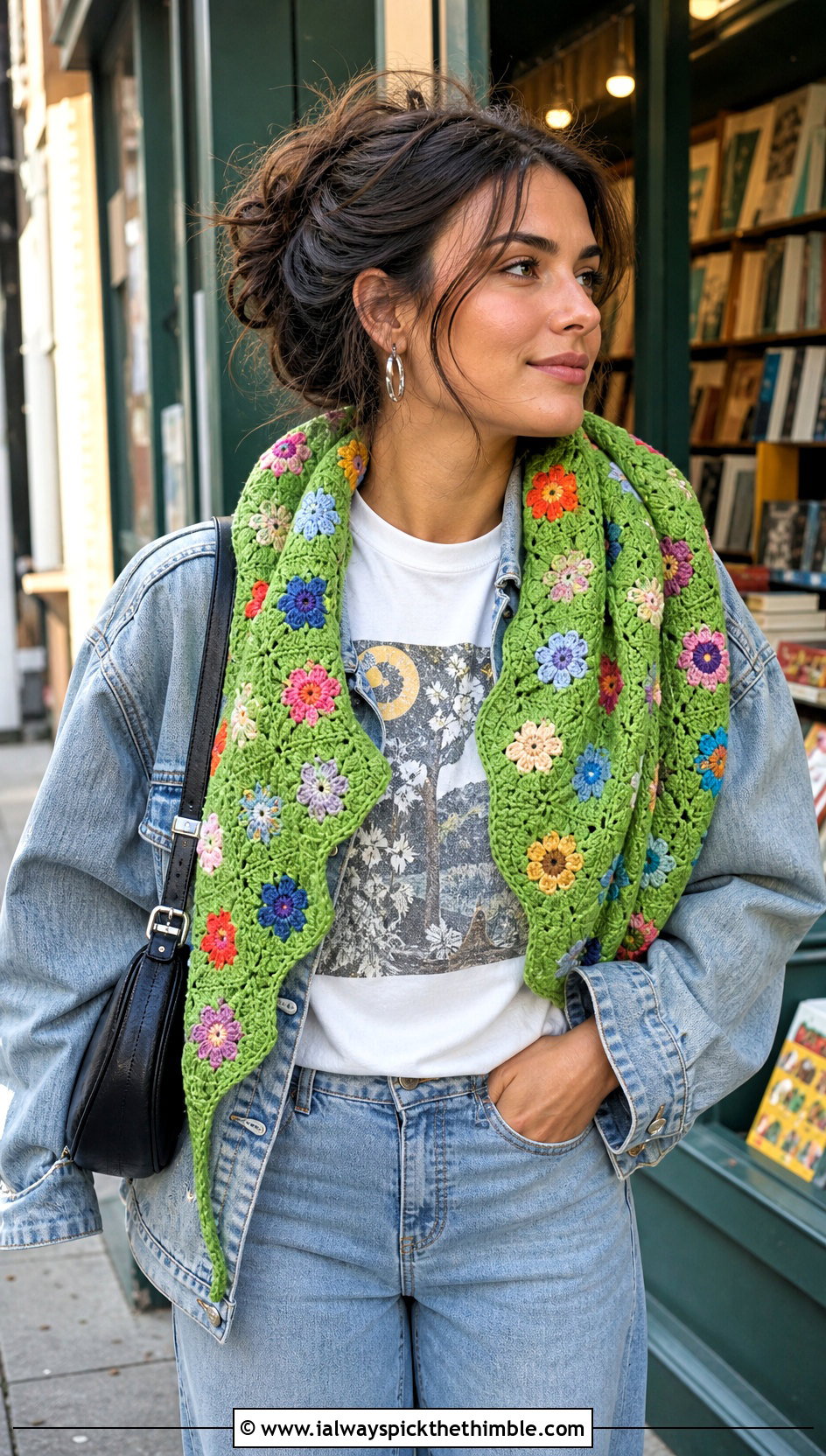 Flower Sampler Crochet Shawl With Graphic Tee - 15 sophie digard crochet shawl outfit ideas