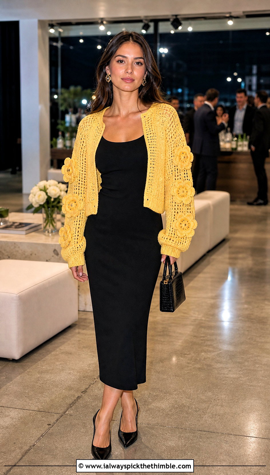 Flower Sleeve Cardigan With Black Column Dress - 20 crochet flowers cardigan outfit ideas