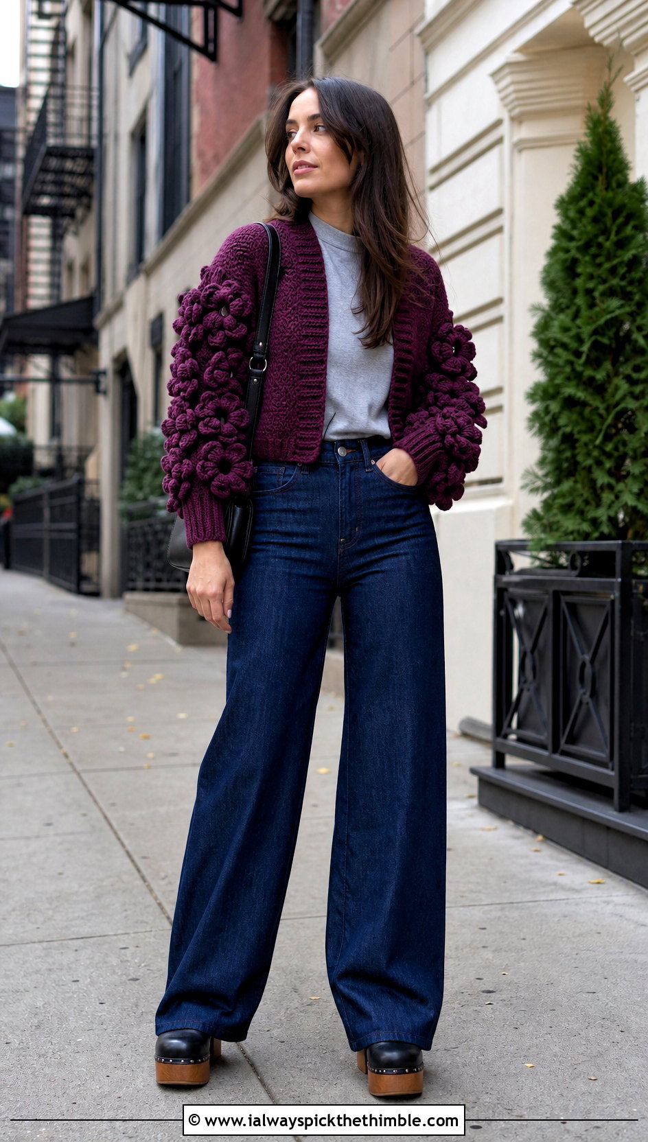 Flower Sleeve Crochet Puff Flower Cardigan With Wide Leg Jeans - 15 Crochet Puff Flower Cardigan outfit ideas